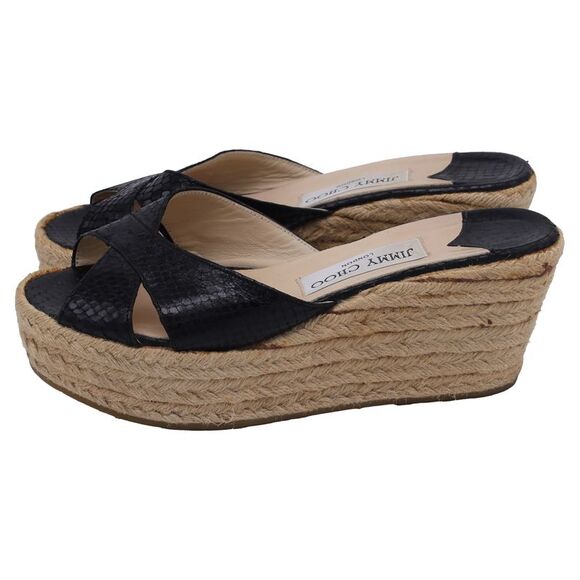 Jimmy Choo Snakeskin-Embossed Espadrille Wedge Sandals in Black Leather - Picture 4 of 9